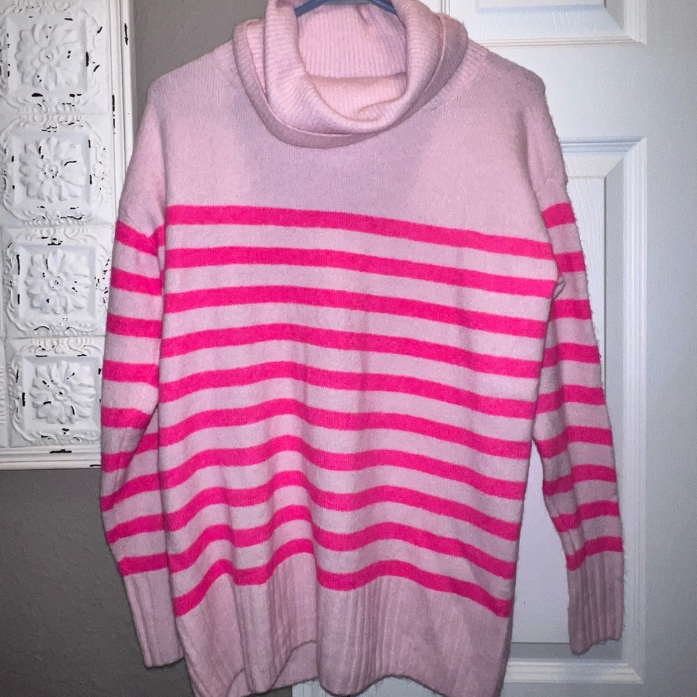 Loft Pink Stripe Oversized Turtle Neck Sweater